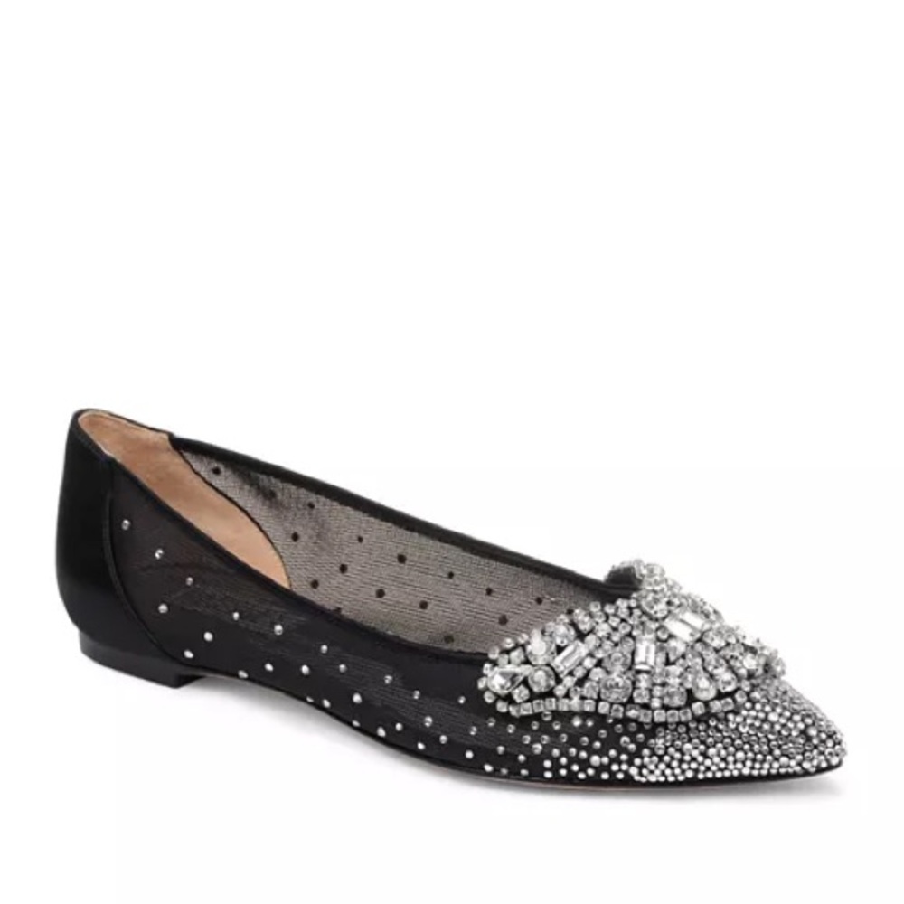 Badgley Mischka Quinn Crystal Embellished Pointed Toe Black Flats Size 8 - Picture 1 of 14